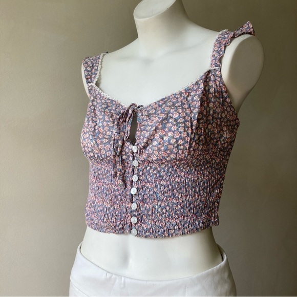 Sim & Sam | Floral Button Tie Smocked Ruffled Crop Tank - Picture 1 of 6